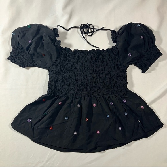 Hill House Jammie Jewel Crystal Stone Embellished Smocked Puff Sleeve Black Top - Picture 6 of 9